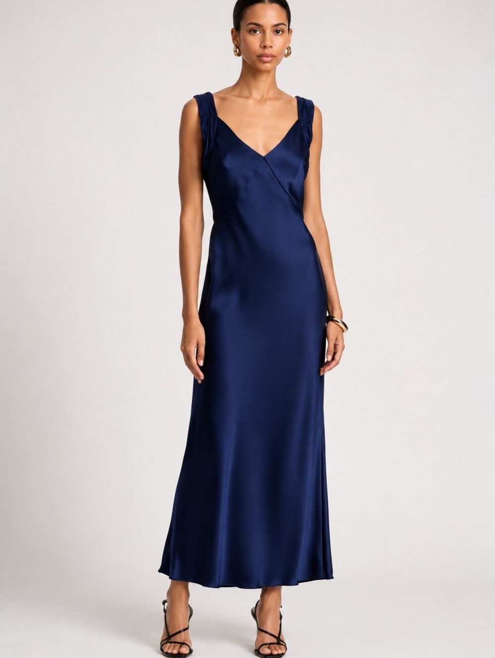 French Connection Navy Satin Cocktail Evening Dress Blue Midi V-Neck Size L